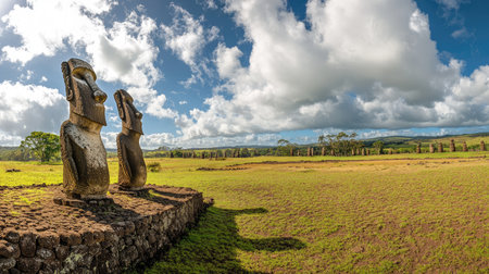 Panoramic view of the archaeological site of Ahu Akivi, featuring seven Moai statues standing proudly against the sky. No people included.の素材