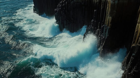 Close-up of the ocean waves crashing against the cliffs of Fingal's Cave, highlighting the power of nature and the beauty of the landscape. No people included.の素材