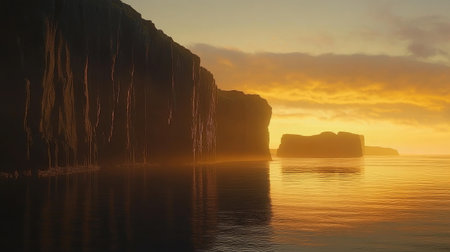 Panoramic view of Fingal's Cave at dusk, with the cave's silhouette against the fading light and the ocean reflecting the colors of the sky. No people included.の素材