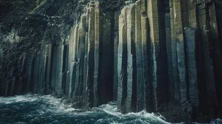 Close-up of the natural rock formations near Fingal's Cave, showcasing the intricate details and textures of the basalt columns. No people included.の素材