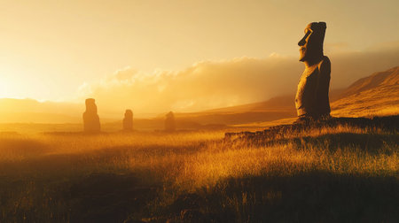 Dramatic view of the Moai at sunset, with the golden hour light illuminating the statues and the surrounding landscape. No people included.の素材