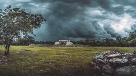 Panoramic shot of the ruins of Chichen Itza during a stormy day, with dramatic clouds adding a moody atmosphere to the landscape. No people included.の素材
