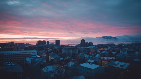 Panoramic shot of Reykjavik skyline at sunrise, with pastel-colored buildings and snow-capped mountains in the distance. No people included.の素材