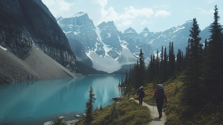 Scenic shot of Moraine Lake during the summer, with hikers exploring the trails and enjoying the stunning views of the Canadian Rockies. No people included.の素材