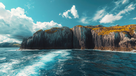 Panoramic view of Fingal's Cave from a boat, capturing the majestic rock formations and the vivid blue sea surrounding the island. No people included.の素材