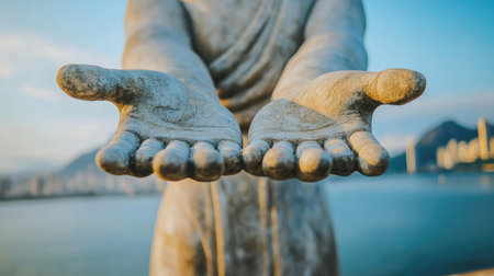 Close-up of the statue outstretched arms, symbolizing peace and welcome, with the cityscape of Rio de Janeiro in the background. No people included.の素材