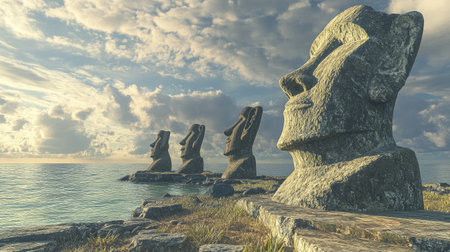 Scenic shot of a group of Moai statues with the Pacific Ocean in the background, capturing the majestic presence of these ancient figures. No people included.の素材