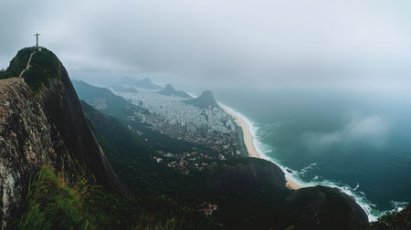 Panoramic shot of the view from Cristo Redentor, showcasing the breathtaking landscape of Rio de Janeiro, including beaches and mountains. No people included.の素材