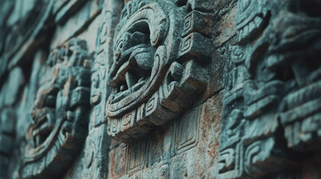 Close-up of the detailed carvings on the walls of the Temple of the Inscriptions, showcasing the artistry of the Mayans. No people included.の素材