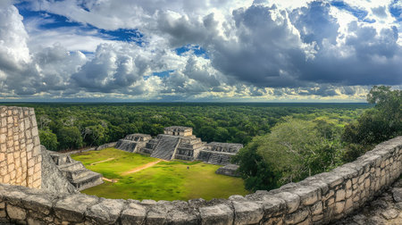 Panoramic view of Chichen Itza from a high vantage point, revealing the sprawling complex and the jungle encircling it. No people included.の素材