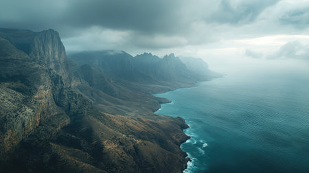Panoramic shot of the dramatic cliffs along the coast of Socotra Island, showcasing the rugged terrain and vast ocean views. No people included.の素材