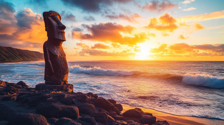 Scenic shot of a lone Moai standing on the coast, with waves crashing against the rocky shore and the sun setting in the background. No people included.の素材