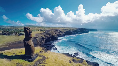 Panoramic shot of the coastline near Hanga Roa, with Moai statues overlooking the sea and the rugged cliffs nearby. No people included.の素材