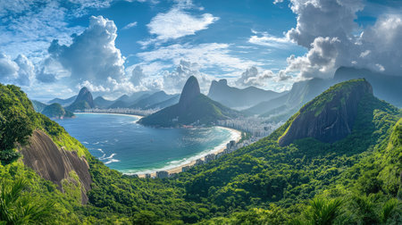 Panoramic view of Rio de Janeiro from the base of Cristo Redentor, capturing the breathtaking landscape with mountains and beaches. No people included.の素材