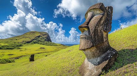 A dramatic view of the Moai on Rano Kau, overlooking the volcanic crater and offering a glimpse of the island's stunning geography. No people included.の素材