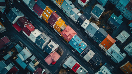 Aerial shot of Reykjaviks city center, highlighting the colorful rooftops, iconic landmarks, and the surrounding natural beauty. No people included.の素材