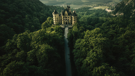 Aerial shot of the path leading up to Neuschwanstein Castle, framed by lush trees and offering a glimpse of the iconic structure. No people included.の素材