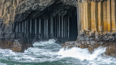 Close-up of the entrance to Fingal's Cave, showcasing the towering basalt columns and the powerful waves crashing against the rocks. No people included.の素材