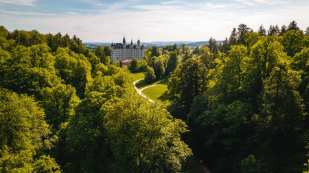 Aerial shot of the path leading up to Neuschwanstein Castle, framed by lush trees and offering a glimpse of the iconic structure. No people included.の素材