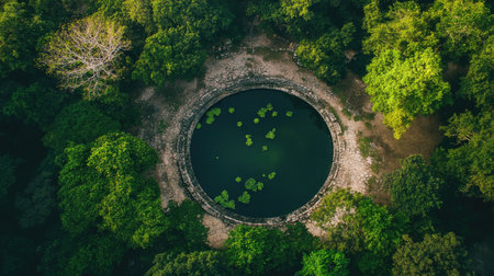 Aerial view of the Sacred Cenote at Chichen Itza, highlighting its circular shape and the lush greenery surrounding it. No people included.の素材