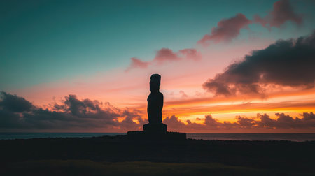 A picturesque shot of a Moai silhouetted against the sunset, creating a dramatic contrast of colors in the sky. No people included.の素材