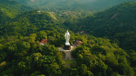 Aerial view of Cristo Redentor surrounded by lush greenery, showcasing the statue's prominence on Corcovado Mountain. No people included.の素材