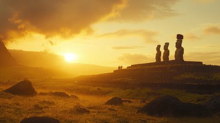 Dramatic view of the Moai at sunset, with the golden hour light illuminating the statues and the surrounding landscape. No people included.の素材