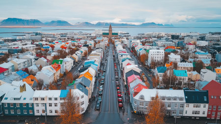 Aerial view of Reykjavik Iceland, with colorful rooftops, the iconic church, and mountains in the background. No people included.の素材