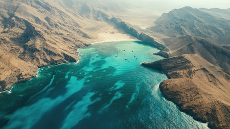 Aerial view of the beautiful coral reefs surrounding Socotra Island, capturing the vibrant underwater life and marine biodiversity. No people included.の素材