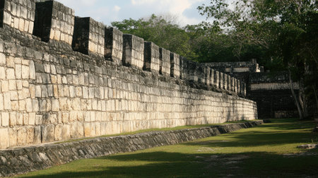 Scenic shot of the Great Ball Court at Chichen Itza, highlighting the impressive stone walls and ancient Mesoamerican architecture. No people included.の素材