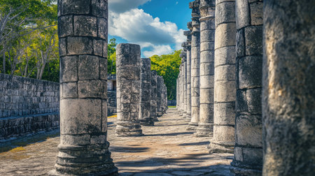 Scenic shot of the Temple of the Warriors at Chichen Itza, with its impressive columns and intricate stone carvings. No people included.の素材