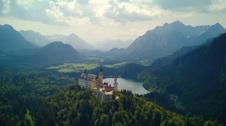 Panoramic view of Neuschwanstein Castle surrounded by a scenic landscape of mountains, valleys, and lakes in the Bavarian countryside. No people included.の素材