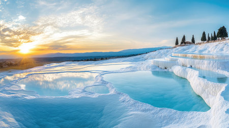 Panoramic view of Pamukkale dazzling white terraces under a clear sky, with the turquoise pools stretching into the distance. No people included.の素材