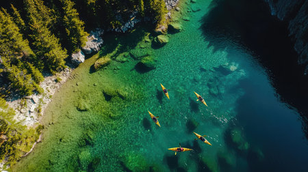 Aerial view of Moraine Lake with kayakers paddling in the clear waters, surrounded by the breathtaking landscape of the Canadian Rockies. No people included.の素材