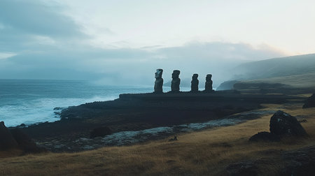 Scenic shot of a group of Moai statues with the Pacific Ocean in the background, capturing the majestic presence of these ancient figures. No people included.の素材
