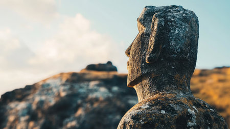 Close-up of the back of a Moai statue, highlighting the unique features and textures of the stone while set against the island's landscape. No people included.の素材