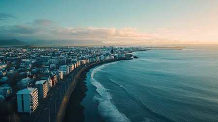 Aerial shot of Reykjaviks coastal skyline, with the deep blue North Atlantic Ocean meeting the vibrant cityscape. No people included.の素材