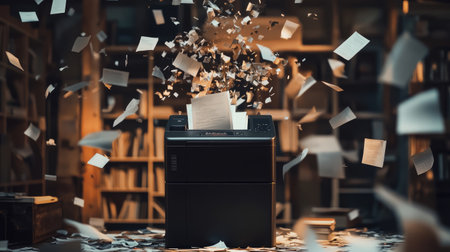 A black shredder with a flurry of flying papers, some shredded and others intact, in a chaotic setup.の素材