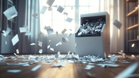 A burst of flying papers around an industrial-grade shredder set on a polished wooden floor.の素材