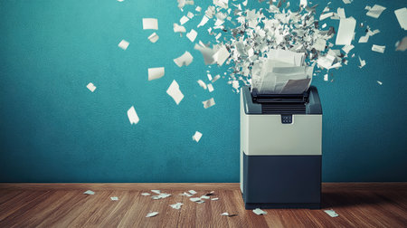 A burst of flying papers around an industrial-grade shredder set on a polished wooden floor.の素材