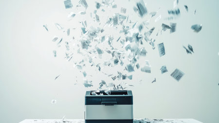 A dynamic photo of a shredder with flying papers suspended in mid-air in a white studio.の素材