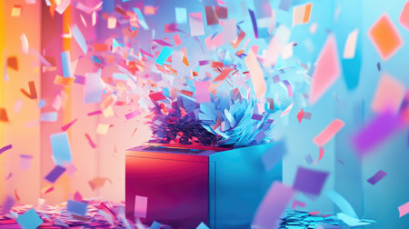 A modern shredder with colorful papers flying chaotically in an artistic, abstract scene.の素材