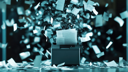 A paper shredder mid-operation with flying papers swirling dramatically in the background.の素材