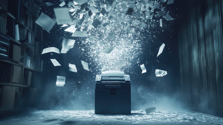 A paper shredder in the spotlight, with a tornado of flying documents around it.の素材