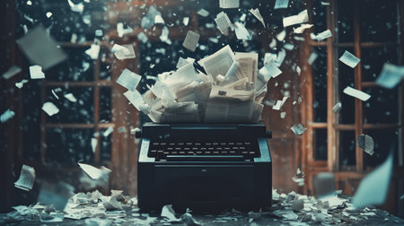 A vintage shredder surrounded by a storm of shredded and intact flying papers.の素材