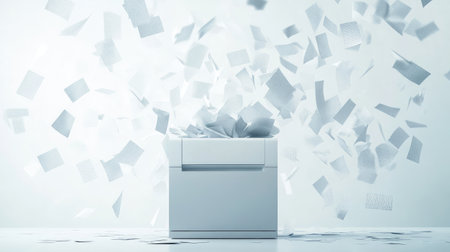 A sleek office shredder surrounded by flying papers in a dynamic motion, set against a plain white background.の素材