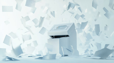 Abstract setup of a shredder surrounded by dynamic flying papers on a plain white background.の素材
