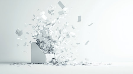 Abstract setup of a shredder surrounded by dynamic flying papers on a plain white background.の素材