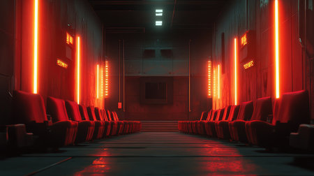 Deserted movie theater interior with clean red seats and glowing lights along the aisles.の素材