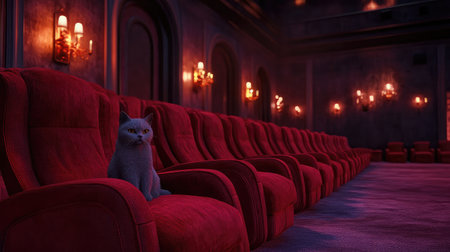 Clean cinema hall with rows of plush red seats and ambient lighting from wall sconces.の素材